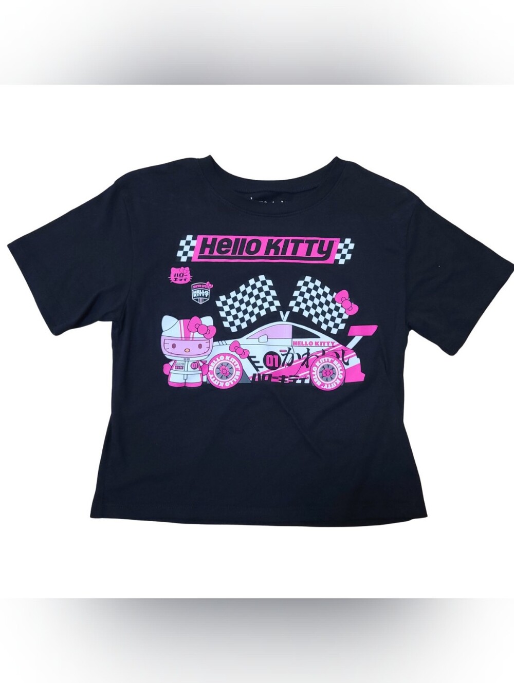 Love Tribe Black Tee with Pink & White Hello Kitty Racing Graphic